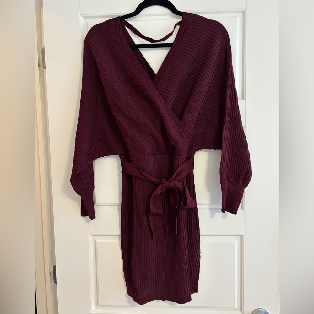 PRE-OWNED Love Tree Burgundy Wrap Mini Dress with Belt | L